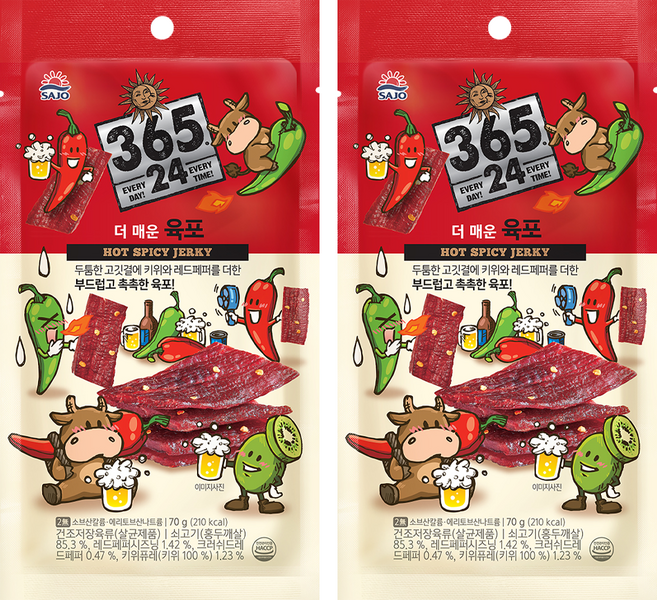 삼육오점이사 해표 365 24 더 매운 육포, 70g, 2개