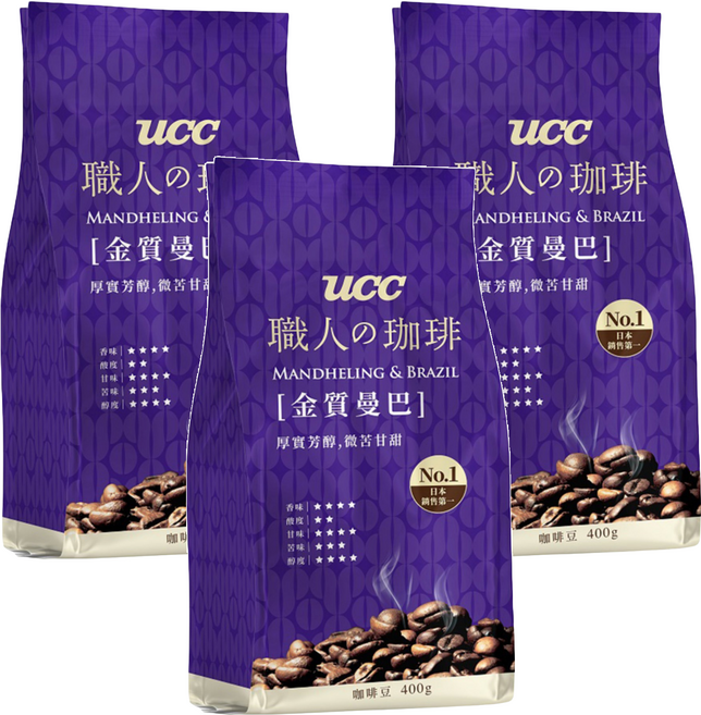 ucc 職人的珈琲 金質經典咖啡豆, 咖啡豆(無研磨), 400g, 3包