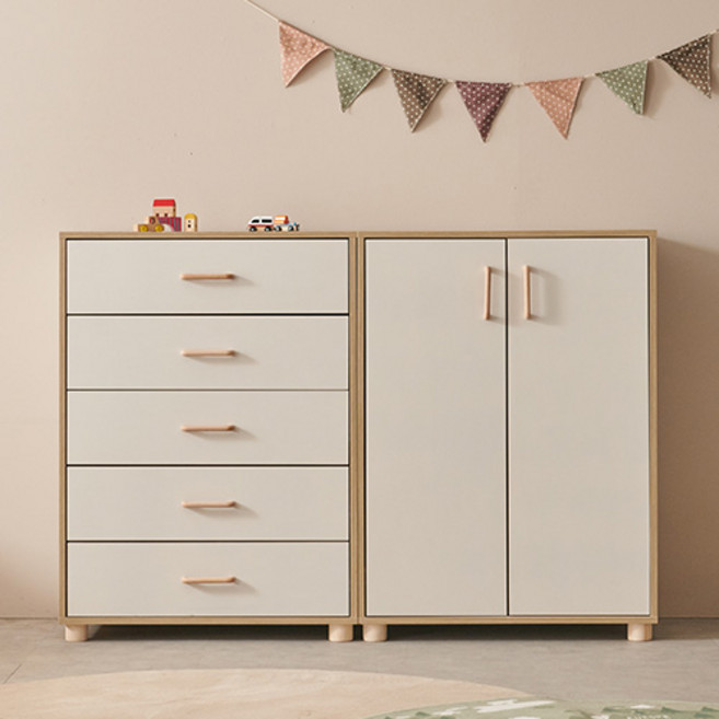 마마룸 아임 800 옷장 + 아임 800 5단 서랍장 세트 (원목발 포함) 방문설치, 크림화이트