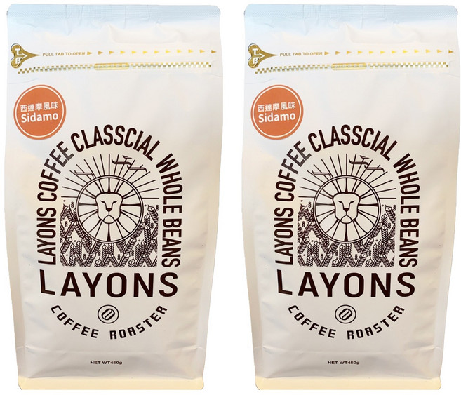 LAYONS COFFEE 雷恩獅咖啡 經典系列 咖啡豆 西達摩風味, 2個, 450g, 全豆咖啡（未研磨）