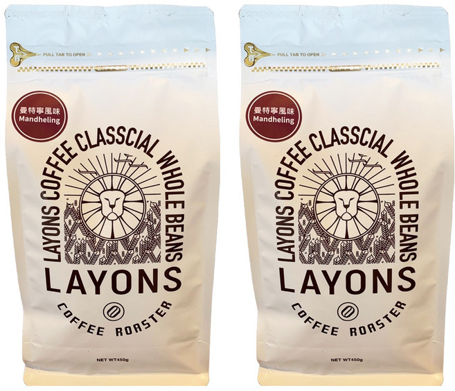 LAYONS COFFEE 雷恩獅咖啡 經典系列 咖啡豆 曼特寧風味, 2個, 450g, 全豆咖啡（未研磨）