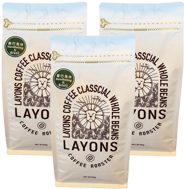 LAYONS COFFEE 雷恩獅咖啡 經典系列 咖啡豆 曼巴風味, 3個, 全豆咖啡(未研磨), 450g