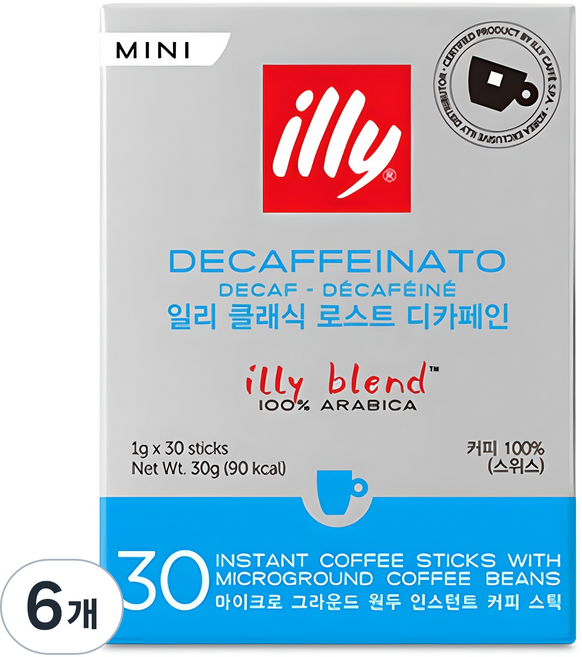 일리 클래식 로스트 디카페인 미니 커피스틱, 1g, 30개입, 6개