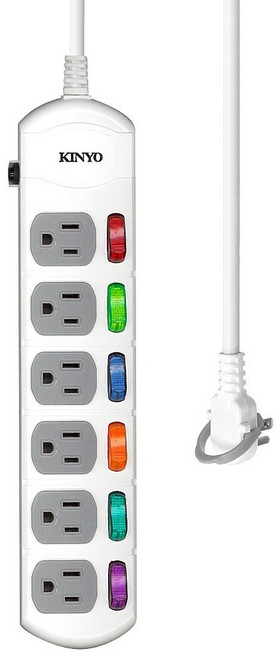 Kinyo 6開6插延長線 3孔, 1.8m, 白色, 1條
