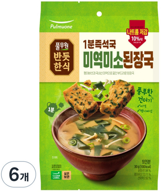 풀무원 1분즉석국 미역미소된장국, 30g, 6개