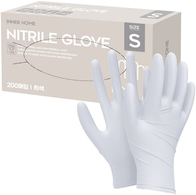 이너홈 니트릴 장갑 무분말타입 200p, 화이트, 소(S), 1개