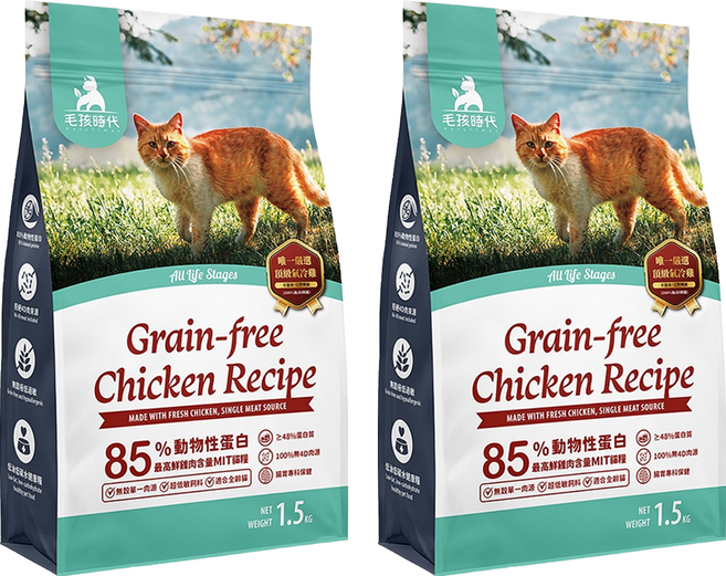 PetsTimes 毛孩時代 85%鮮雞肉無穀全貓糧, 1.5kg, 2袋, 腸胃保健