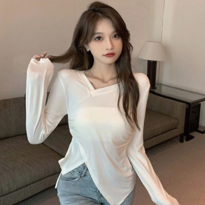 피어니스트 여성용 스트릿 언발 긴팔 티셔츠