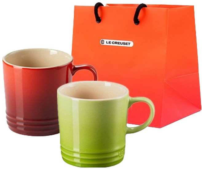 르크루제 카푸치노 머그 200ml x 2종 세트 + 쇼핑백 S, 빨강, 팜, 1세트