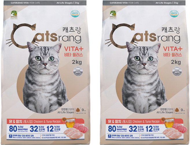 캐츠랑 전연령 고양이 비타플러스 건식사료, 닭+참치, 2kg, 2개