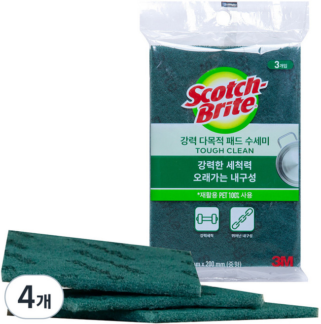 3M 스카치브라이트 강력 다목적 패드 수세미 중형, 3개입, 4개
