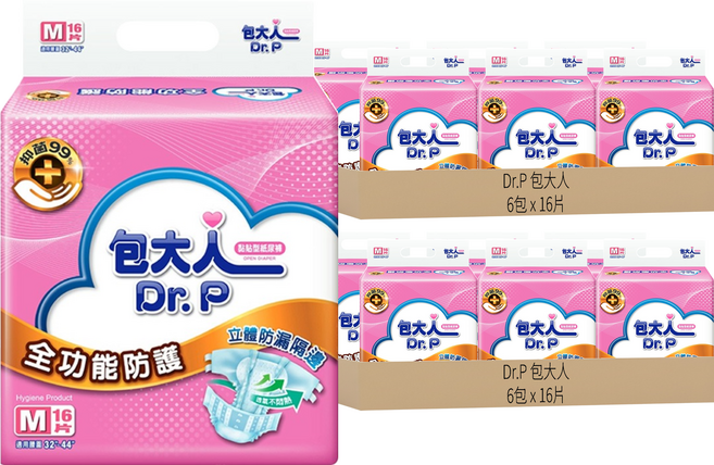 Dr.P 包大人 成人黏貼型紙尿褲 全功能防護, M(腰圍32吋~44吋), 16片, 12包