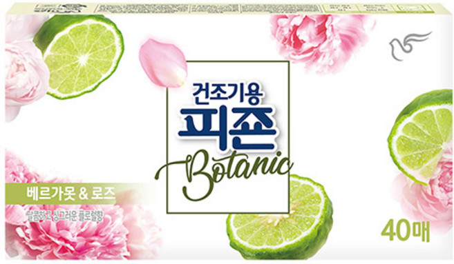 피죤 건조기용 보타닉 시트 섬유유연제 베르가못&로즈향 본품, 40개입, 1개