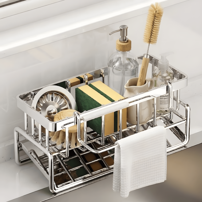 프롬아떼 304스텐 싱크대 수세미 거치대 행주걸이형, 실버, 1개
