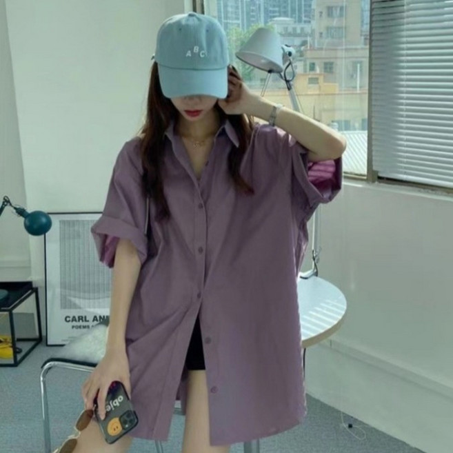 PEONIST 女款彩色寬鬆版型捲袖長版襯衫