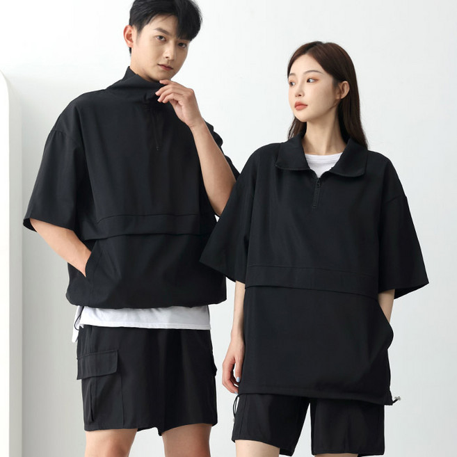 턴키 남녀공용 빅사이즈 오버핏 바람막이 아노락 반팔 집업 + 반바지 세트 AJ-1400