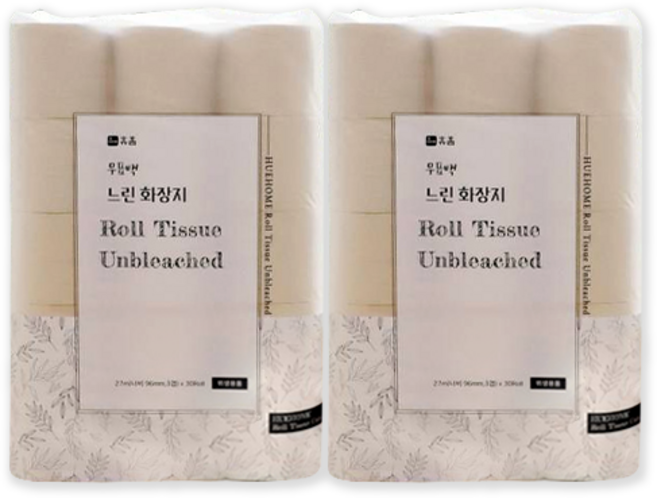 휴홈 3겹 무표백 느린 고급롤화장지, 27m, 30개입, 2개