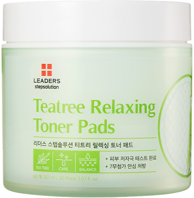 LEADERS 麗得姿 Step Solution系列 茶樹舒緩爽膚棉片 雙面雙效 可乾淨去除肌膚角質和老廢物質 輕柔擦拭調理肌膚紋理, 60片, 1罐
