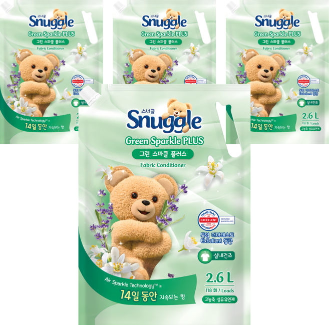 스너글 섬유유연제 그린 스파클 플러스 리필, 2.6L, 4개