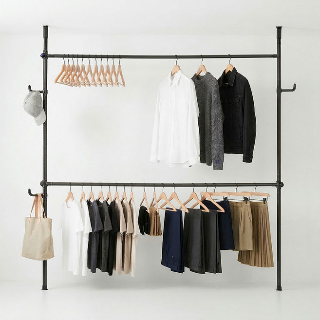 행거전문가 튼튼한 고정식 옷걸이행거 와이드2단 38mm, 블랙