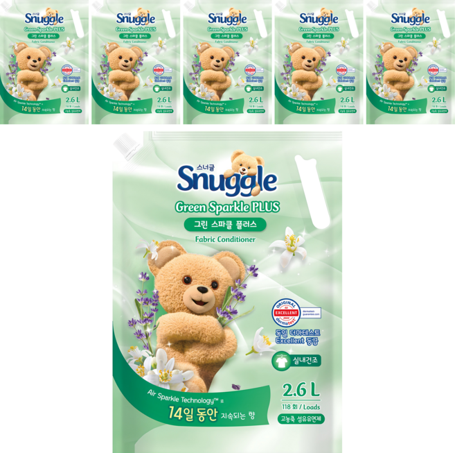 스너글 섬유유연제 그린 스파클 플러스 리필, 2.6L, 6개