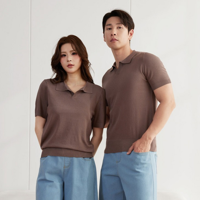 턴키 남녀공용 빅사이즈 오픈카라 니트 스판 반팔 티셔츠 ST-083