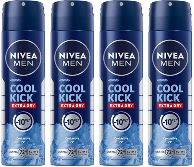 NIVEA 妮維雅 MEN 台灣公司貨 瞬間酷涼系列 男士止汗爽身噴霧 舒活麝香 48小時止汗抑味, 150ml, 4瓶