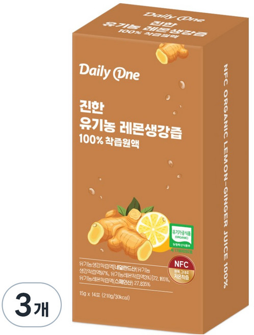 데일리원 진한 유기농 레몬생강즙 100 착즙 원액, 210g, 3개