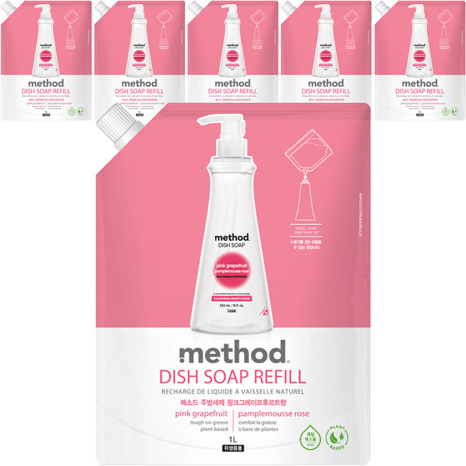 메소드 주방세제 핑크그레이프후르트향 리필, 1L, 6개