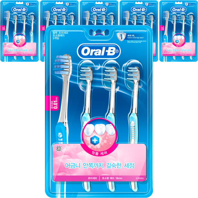 오랄비 벨벳 초미세모 잇몸케어 칫솔 초소형헤드, 3개입, 6개