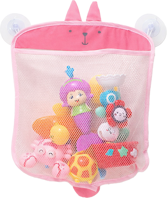 바름마켓 목욕 장난감 보관 파우치 수납망 물빠짐 방수 욕실 흡반 걸이형, 토끼(핑크), 1개