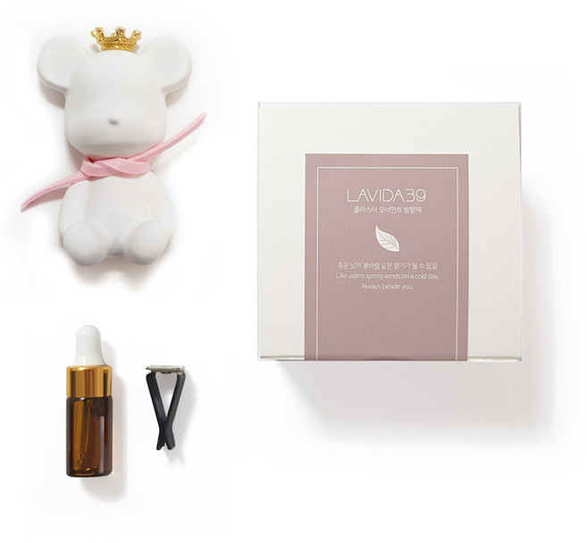 라비다 머플러 곰돌이 석고오너먼트 방향제 분홍 + 리필오일 3ml + 차량용클립, 클린코튼