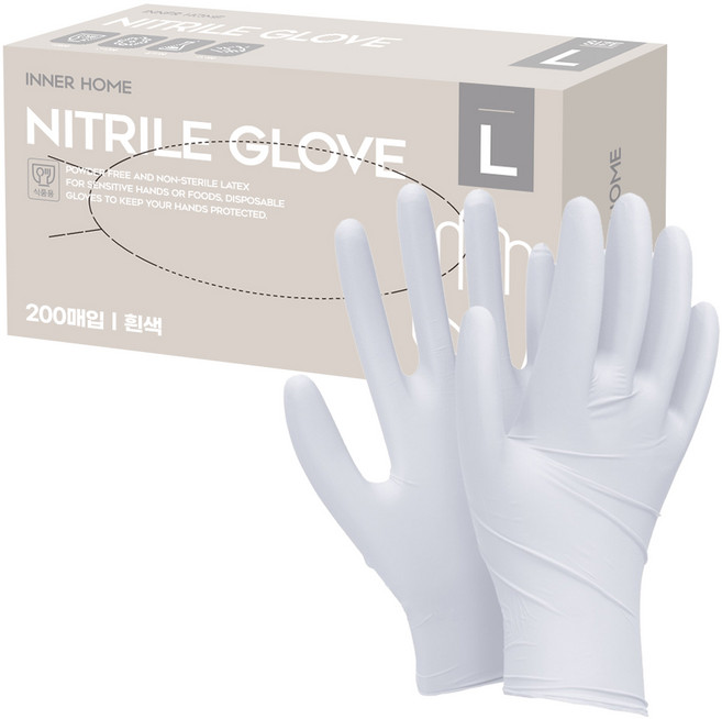 이너홈 니트릴 장갑 무분말타입 200p, 화이트, 대(L), 1개