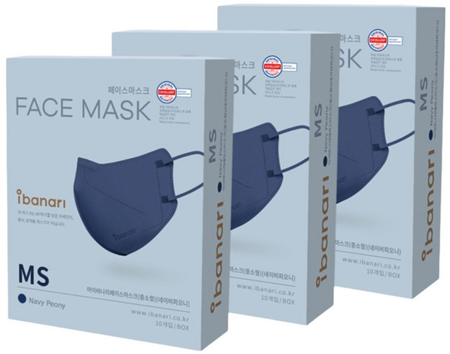 아이바나리 페이스 마스크 중소형 MS, 10개입, 3개, 네이비 피오니