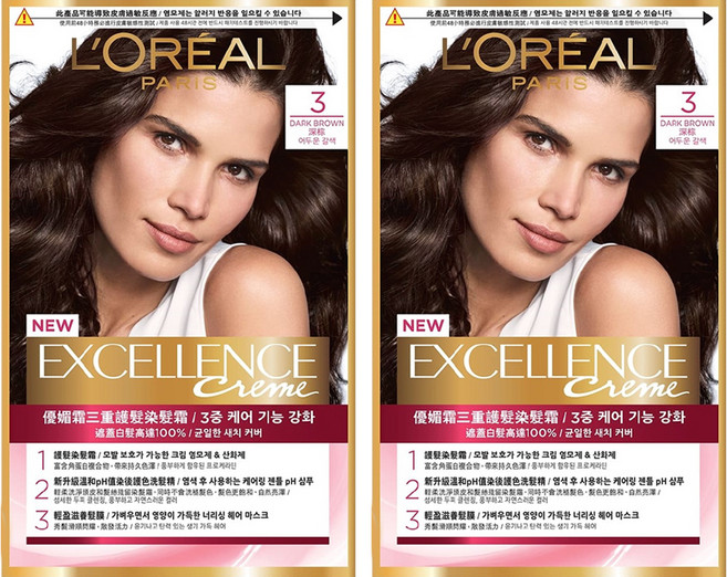L'OREAL PARiS 巴黎萊雅 台灣公司貨 優媚霜三重護髮染髮霜 Excellence Creme, 3 深棕, 2盒