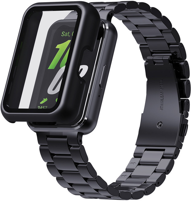 칸탐 갤럭시 핏3 호환 메탈 스트랩 + 풀커버 케이스 세트, 블랙, 1개