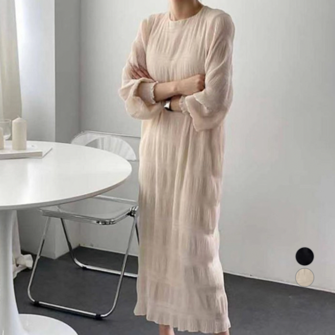 ViVEMO 抓皺波紋荷葉邊長版雪紡洋裝 00523, 象牙白