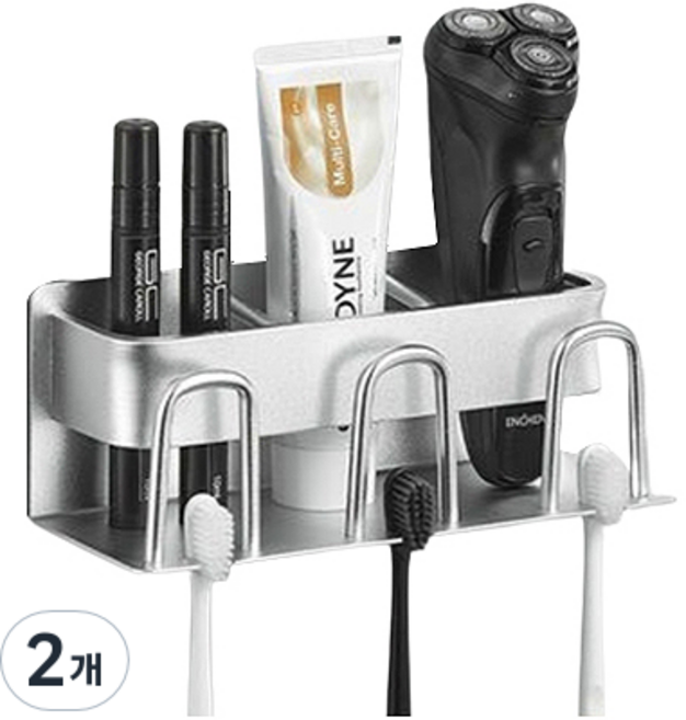 솔브리빙 고급 금속 욕실 부착형 칫솔꽂이 걸이 거치대 3칸, 실버, 2개