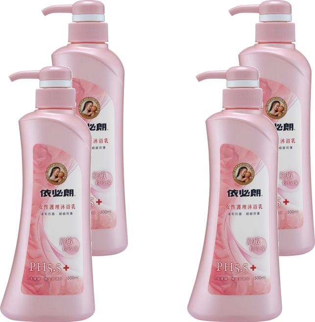 依必朗 女性護理沐浴乳 舒敏粉玫瑰 溫和抗菌 細緻呵護 添加蔓越莓萃取精華 PH5.5, 500ml, 4瓶