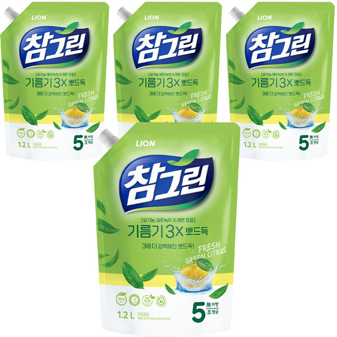 참그린 레몬 녹차 뽀드득 어드밴스 주방세제 리필, 1.2L, 4개