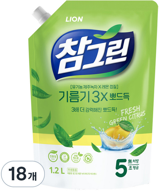 참그린 녹차 뽀드득 주방세제, 1.2L, 18개