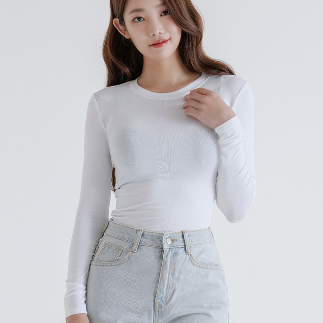 젬블링 여성용 슬림핏 라운드넥 면 스판 긴팔 티셔츠