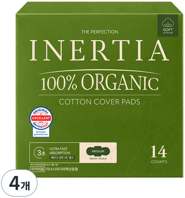이너시아 더퍼펙션 유기농 순면커버 생리대, 중형, 14개입, 4개
