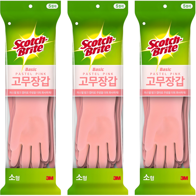 스카치브라이트 베이직 고무장갑 5개입, 파스텔핑크, 소(S), 3세트