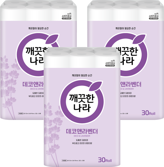 깨끗한나라 데코앤라벤더 3겹 고급롤화장지, 30m, 30개입, 3개