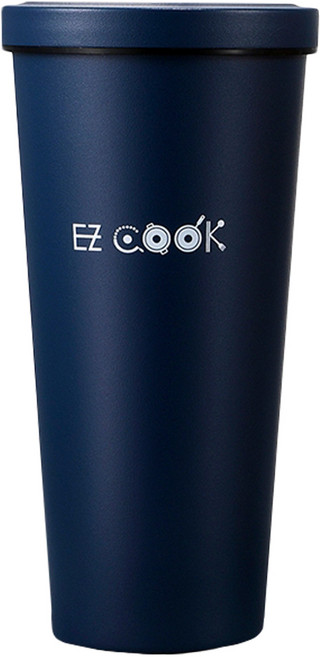 EZ COOK 陶瓷雙層奶茶杯 750mL 304不鏽鋼內膽 Tritan 防漏吸管口蓋 長效保冰/保溫, 深藍色, 1個