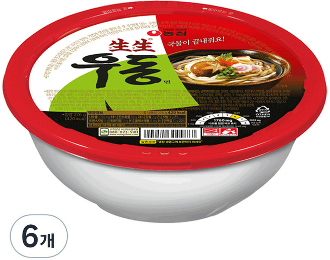 농심 생생우동용기, 276g, 6개