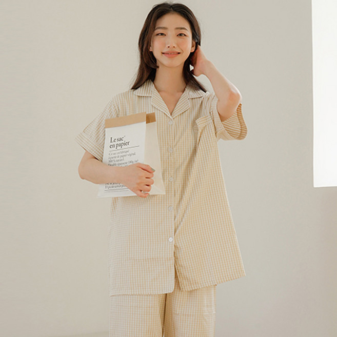 파란 커플용 냉감 미니멀 잔체크 반팔 잠옷세트