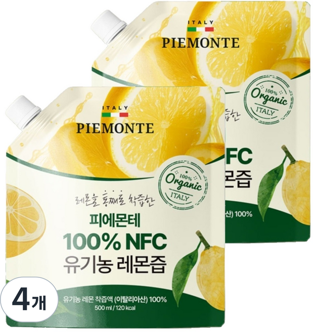 피에몬테 100% NFC착즙 유기농 대용량 레몬즙, 4개, 500ml