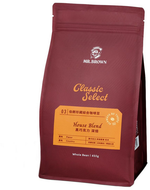金車 MR.BROWN 伯朗咖啡 伯朗珍藏綜合咖啡豆 黑巧克力 深焙, 450g, 1包, 全豆咖啡（未研磨）